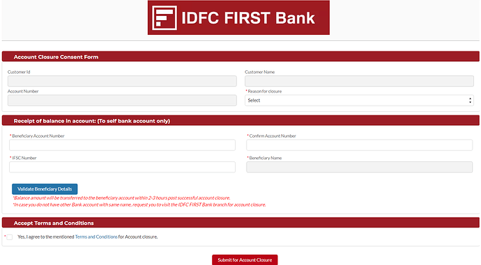 idfc first bank close account online form