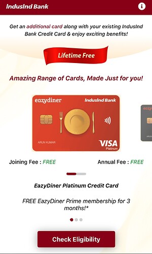 IndusInd Bank Eazydiner Platinum Credit Card Lifetime Free