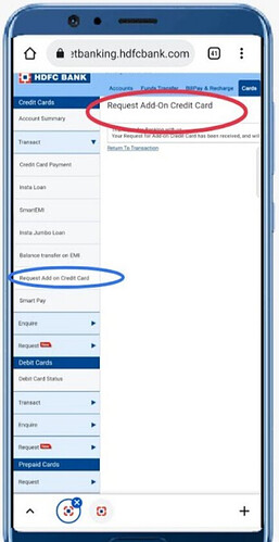 hdfc request add-on credit card
